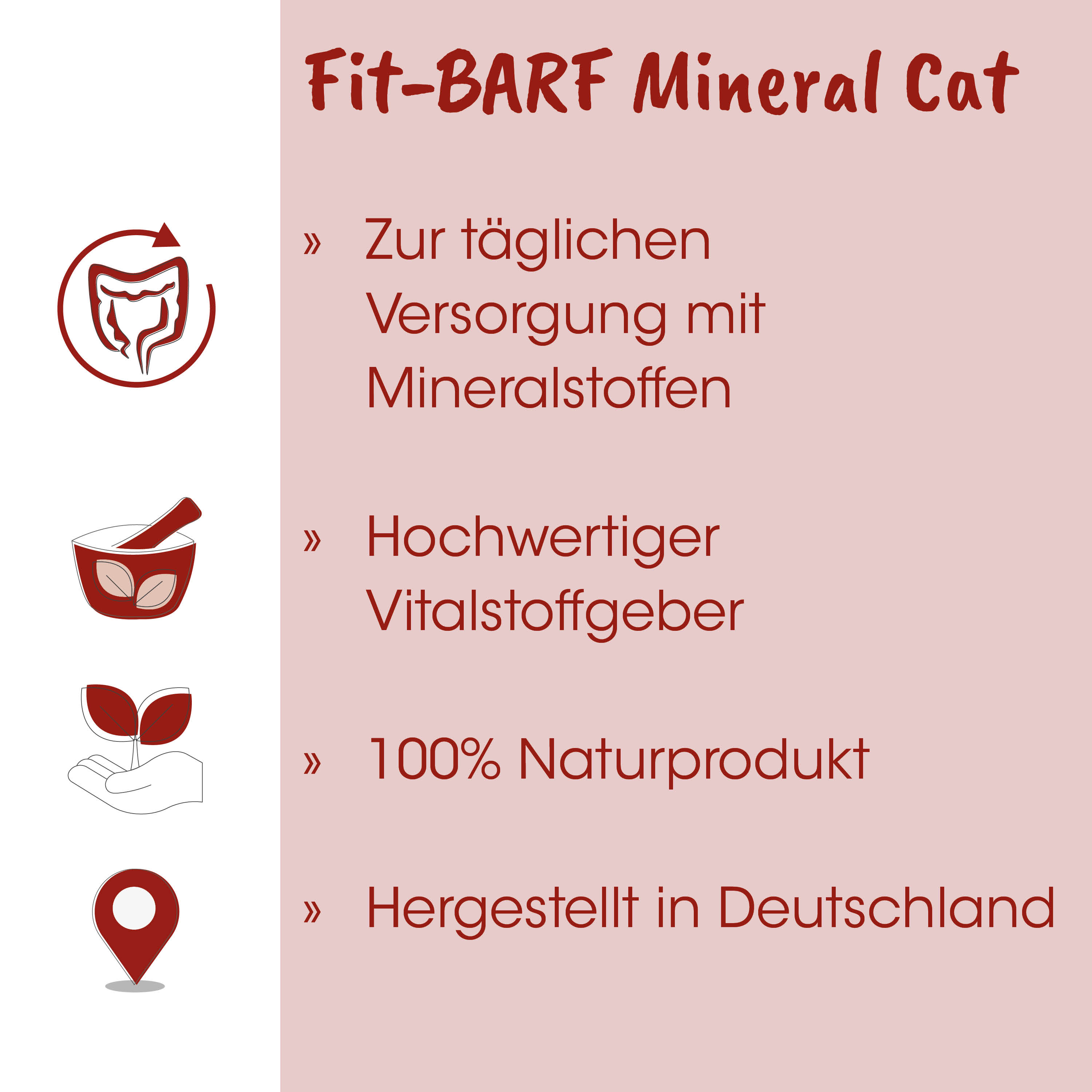 Mineral cat, Natural product, 100%, Germany, portrait icons