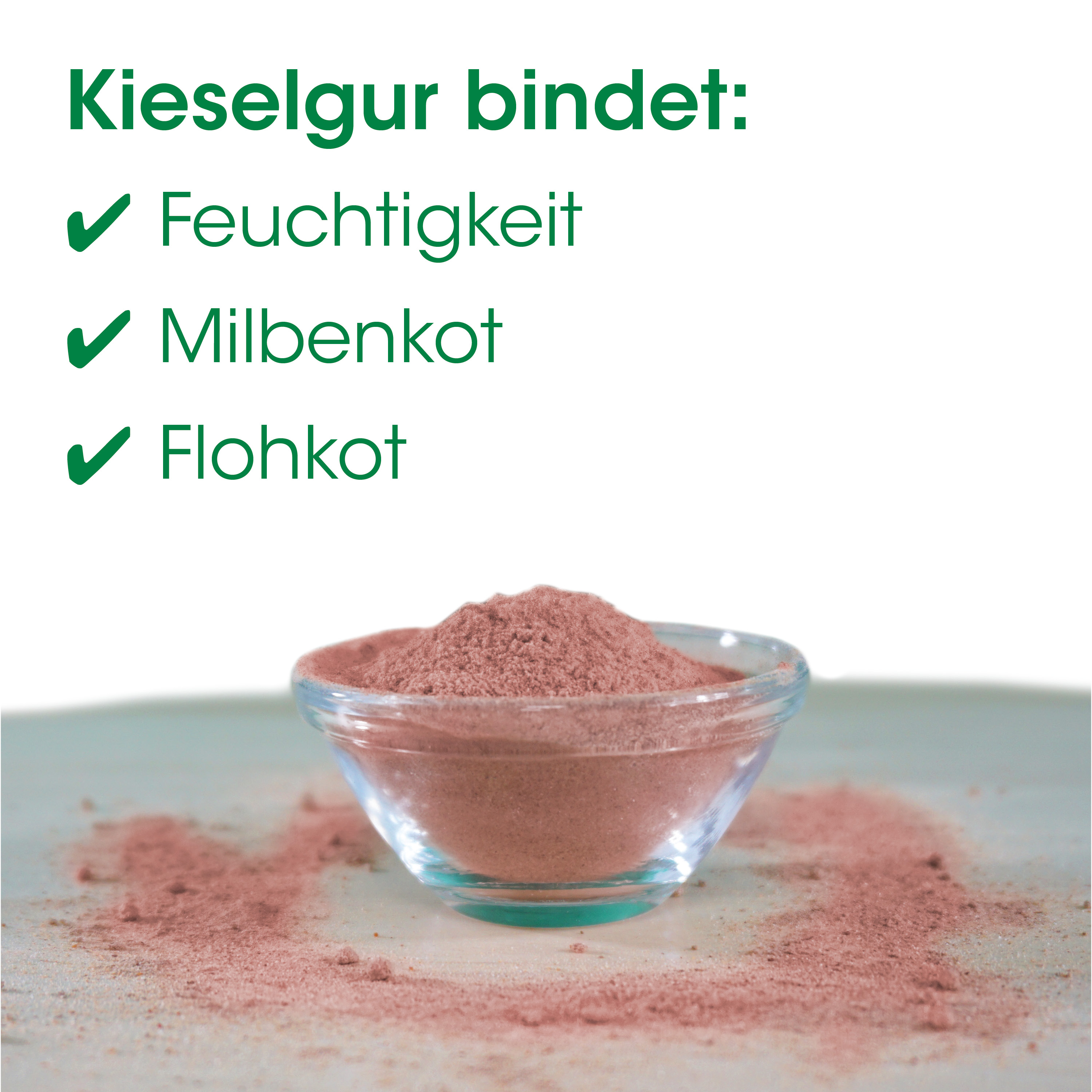 Kieselgrur, Feuchtigkeit, Milbenkot, Farbton, Pulver